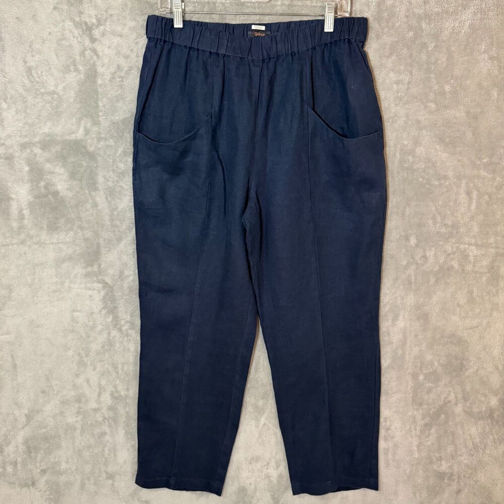 Quince Womens 100% European Linen Pants L Deep Navy Blue Elastic Waist Beachy